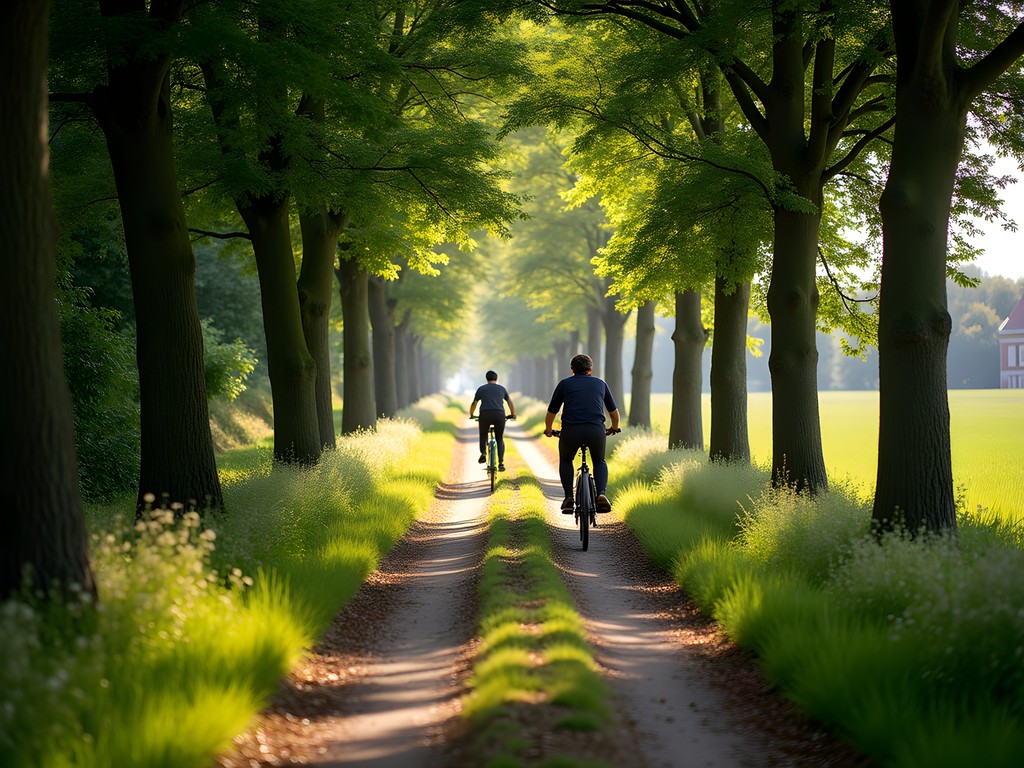 Woman cycling through Dutch countryside near Utrecht