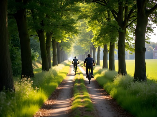 Woman cycling through Dutch countryside near Utrecht