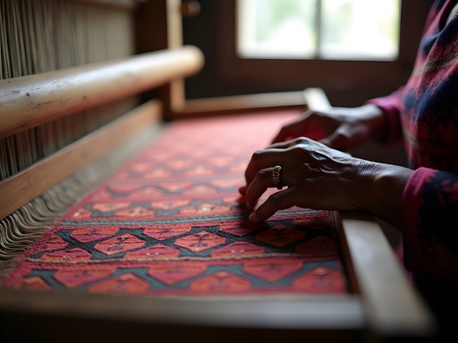 Traditional Lao textile with geometric patterns being woven on traditional loom