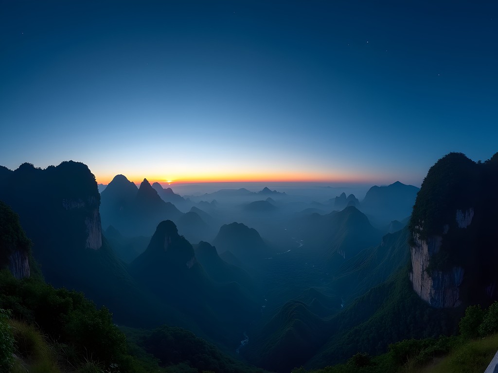Limestone karst formations at dusk creating celestial alignment pattern