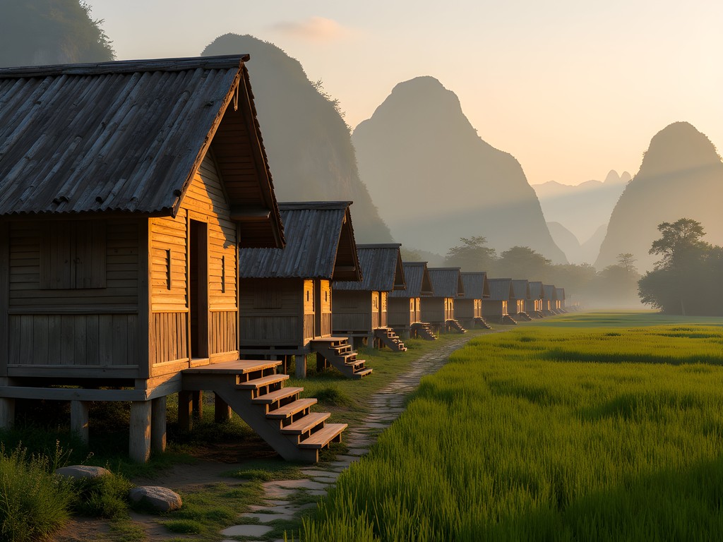 Traditional wooden Lao homes on stilts with limestone karsts in background
