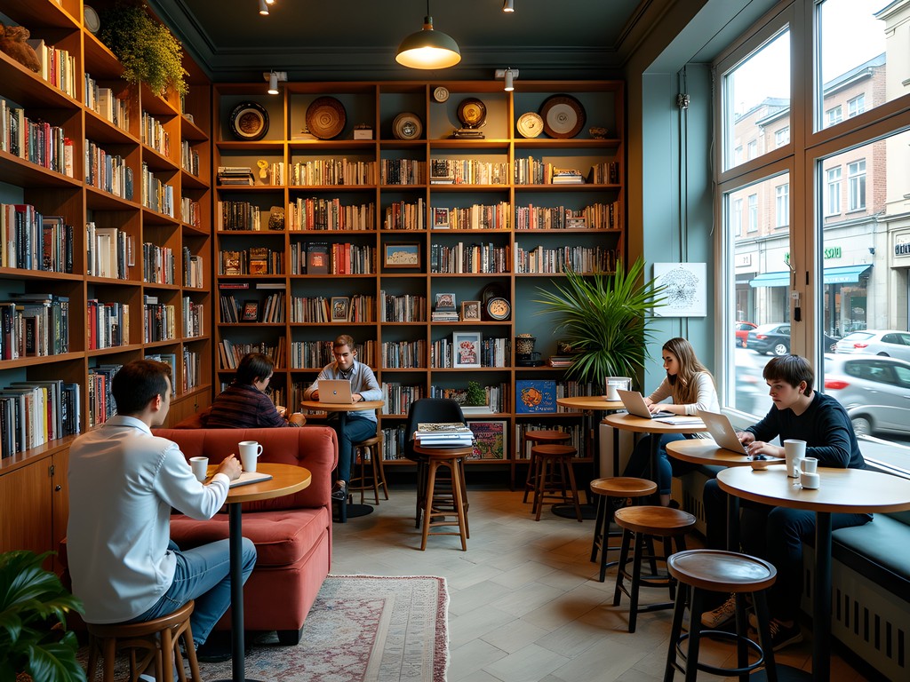 Interior of Café Phil showing bookshelves and café seating in Vienna