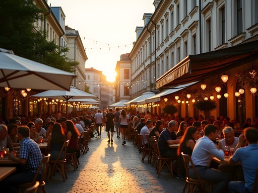 Diverse crowd enjoying evening drinks at outdoor tables in Yppenplatz, Vienna