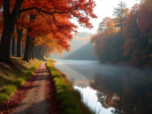 Riverside walking path along the Winooski River with brilliant fall foliage