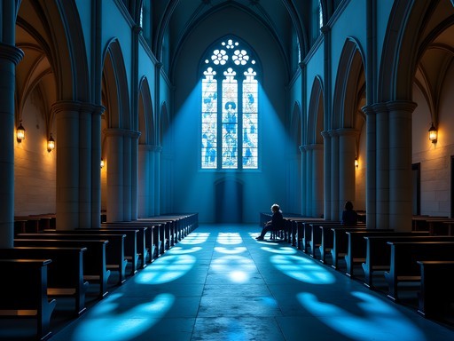 Morning light filtering through Chagall's blue stained glass windows at Fraumünster