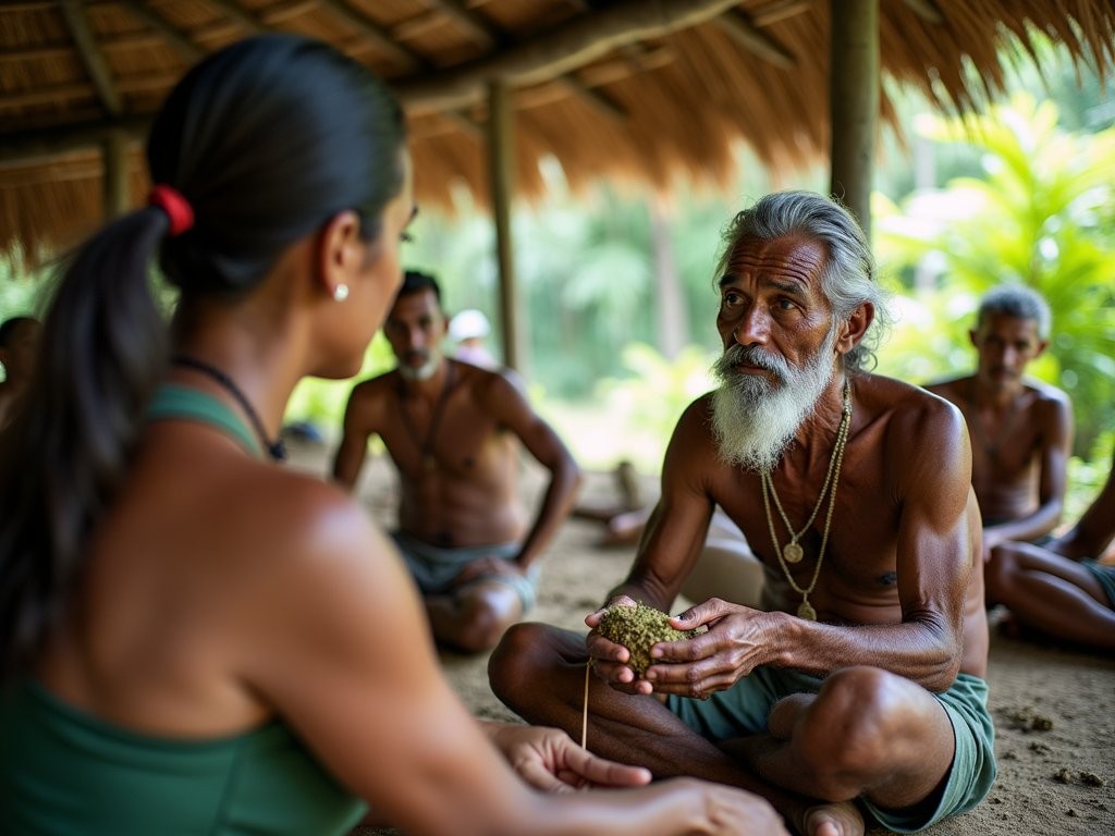 Cultural exchange workshop with Pemón knowledge holders sharing traditional navigation techniques near Angel Falls
