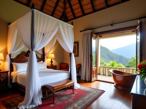 Luxurious colonial-style bedroom in exclusive Antsirabe villa with four-poster bed and thermal bathtub