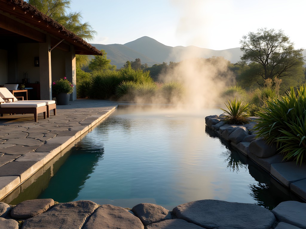 Exclusive private thermal pool with volcanic stone surrounds in Antsirabe luxury resort