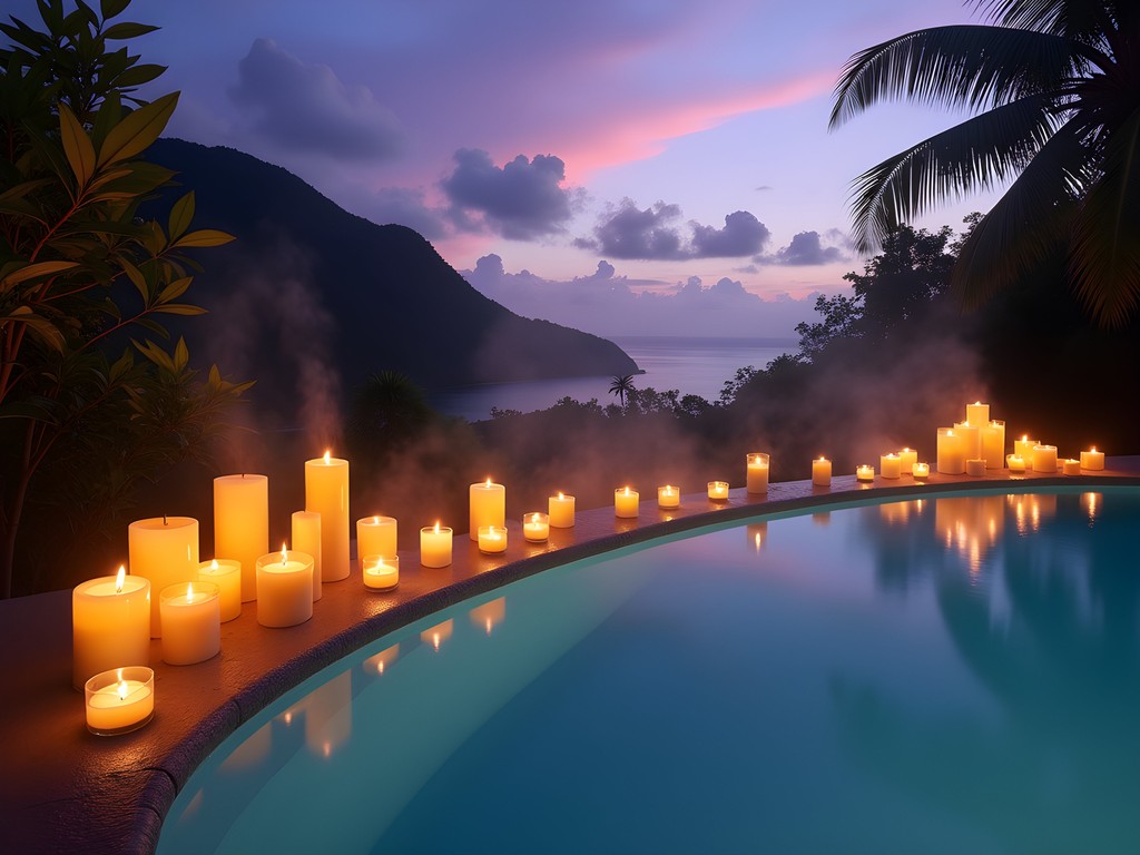 Candlelit thermal pool at dusk in Arima Trinidad luxury retreat
