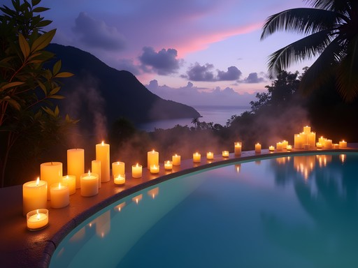 Candlelit thermal pool at dusk in Arima Trinidad luxury retreat