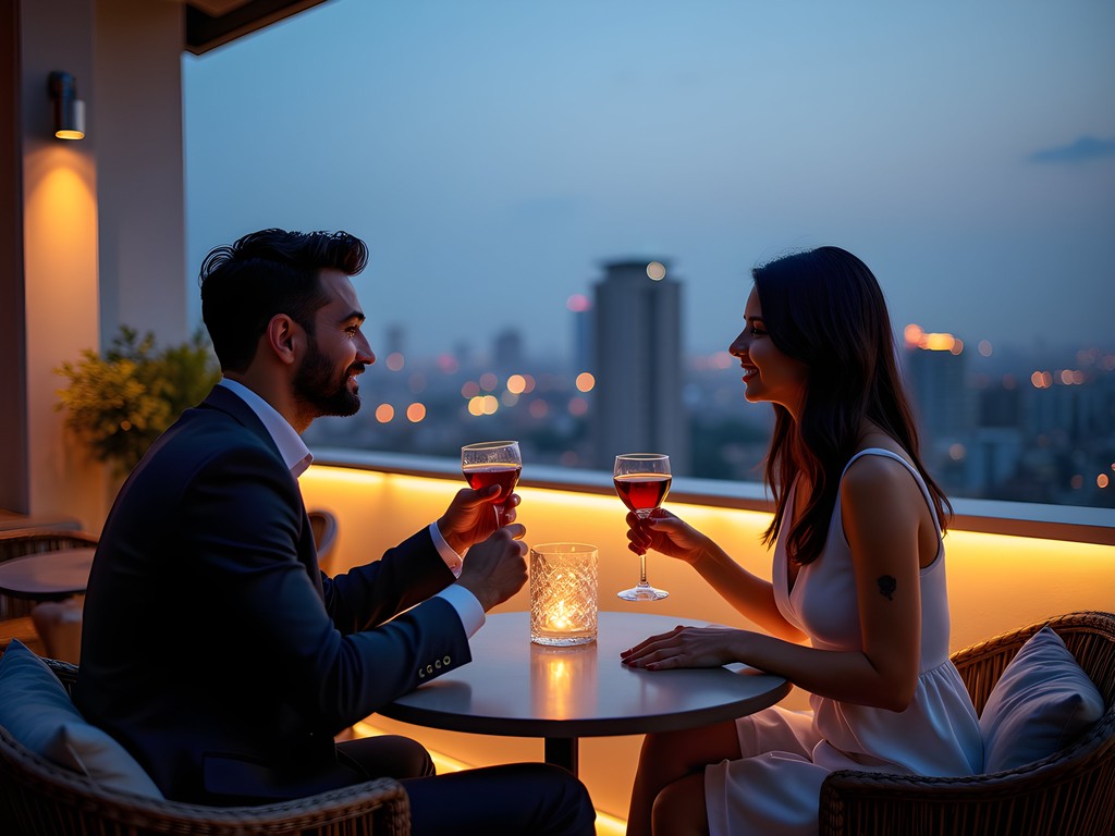 Elegant couple enjoying sunset cocktails at sophisticated Bangalore rooftop lounge with city panorama
