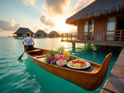 Breakfast delivered by traditional Polynesian canoe to overwater bungalow in Bora Bora