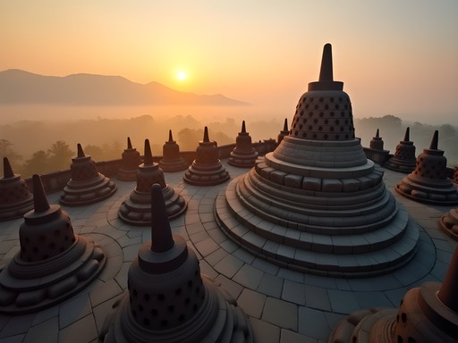 Sunrise illuminating the geometric patterns of Borobudur's stupas in Java