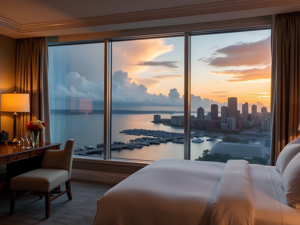 Luxury suite at Boston Harbor Hotel with panoramic harbor views at sunset