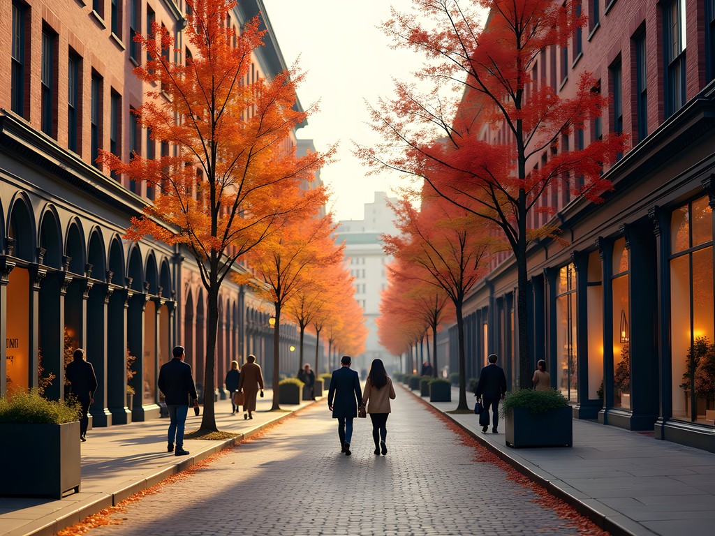 Elegant Newbury Street in Boston with fall foliage and luxury boutiques