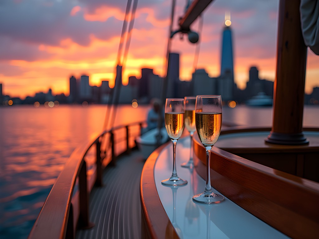 Luxury private yacht cruise in Boston Harbor at sunset with city skyline