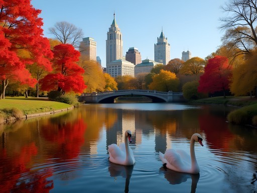 Boston Public Garden in peak fall foliage with swan boats and colorful trees