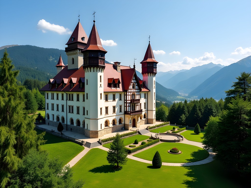 Ornate exterior of Peleș Castle in Romania surrounded by summer foliage