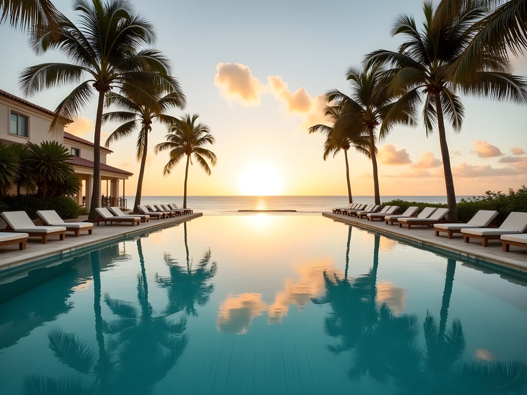 Infinity pool at Nizuc Resort overlooking the Caribbean Sea at sunrise