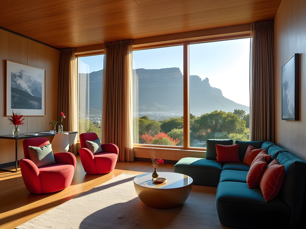 Luxury suite at The Silo Hotel with geometric windows framing Table Mountain view