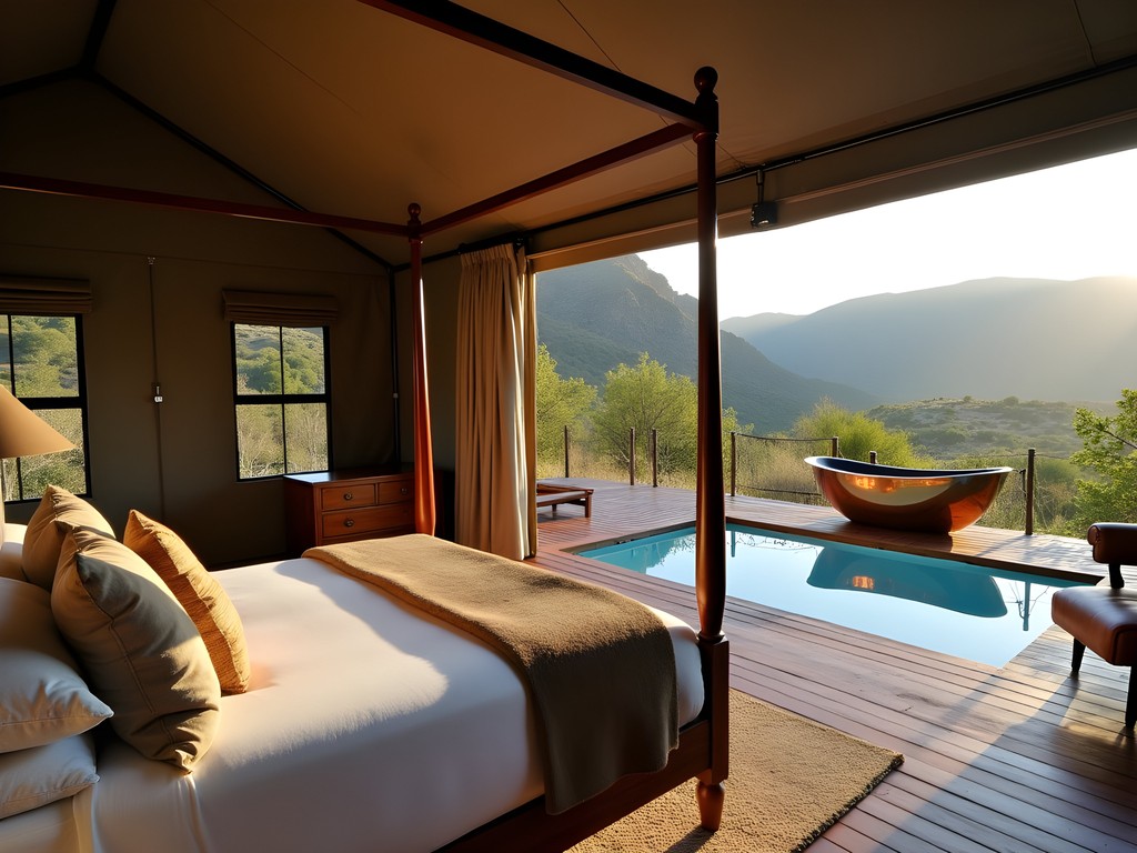 Luxury tented accommodation at Dwyka Lodge with private plunge pool overlooking wilderness