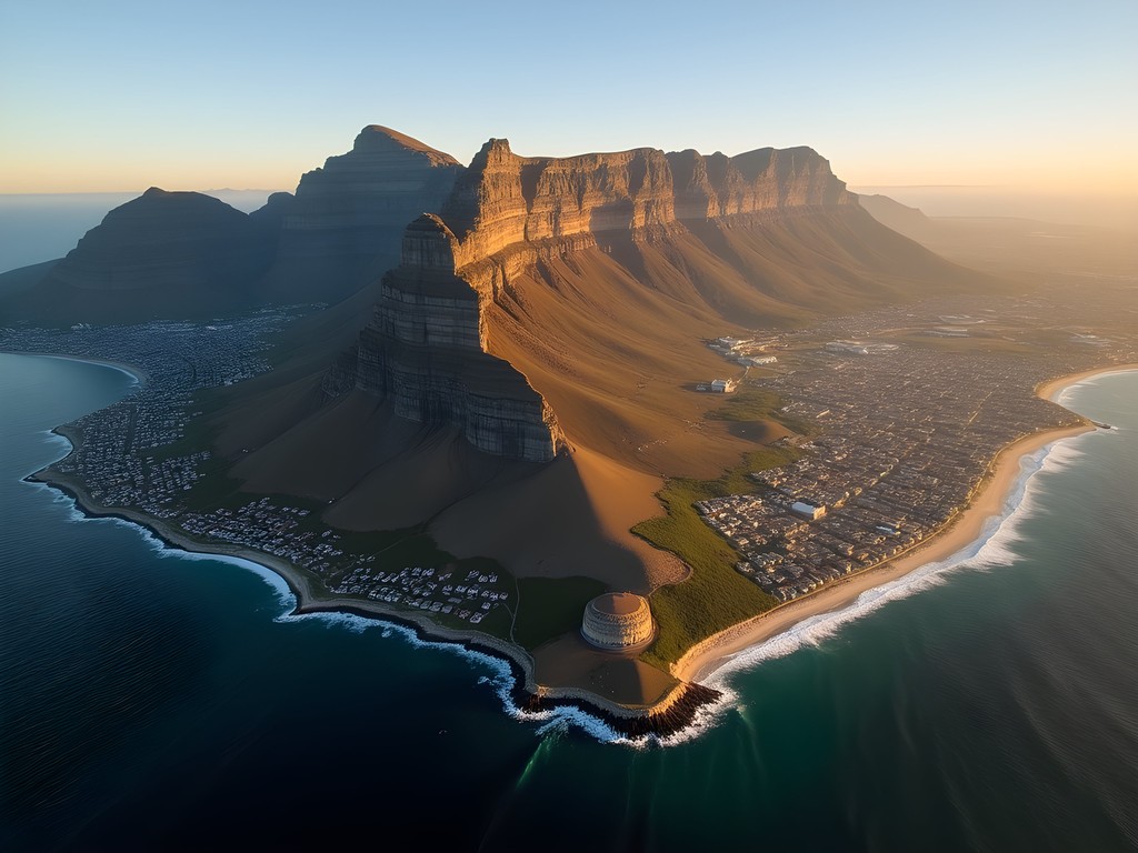 Aerial view from helicopter showing Cape Town, Table Mountain and coastline