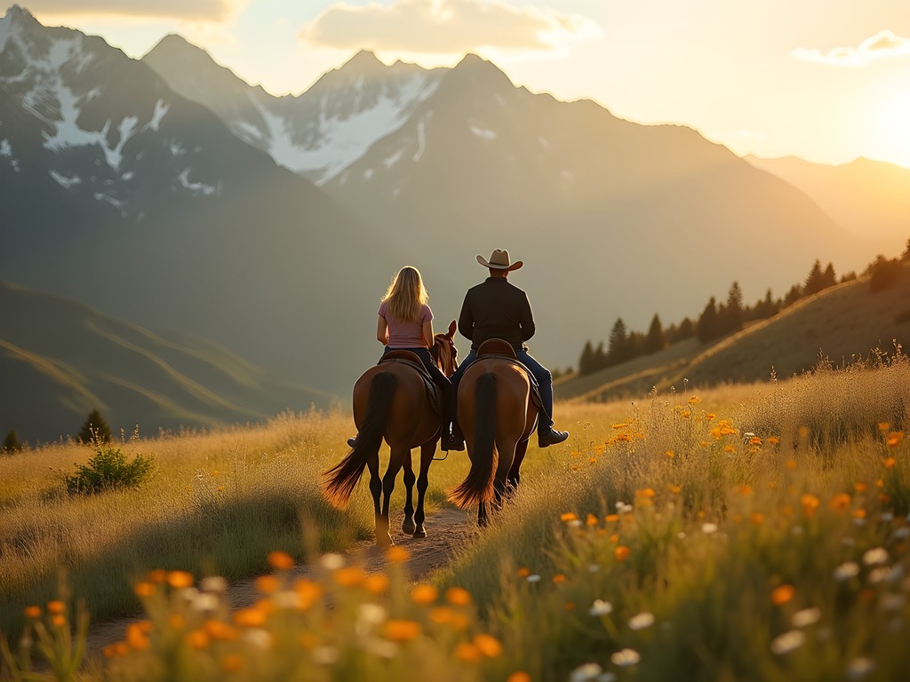 Couple on horseback riding through Wyoming mountain meadow with wildflowers