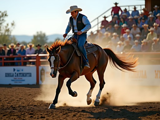 Professional rodeo rider on bucking bronco at Cheyenne Frontier Days arena