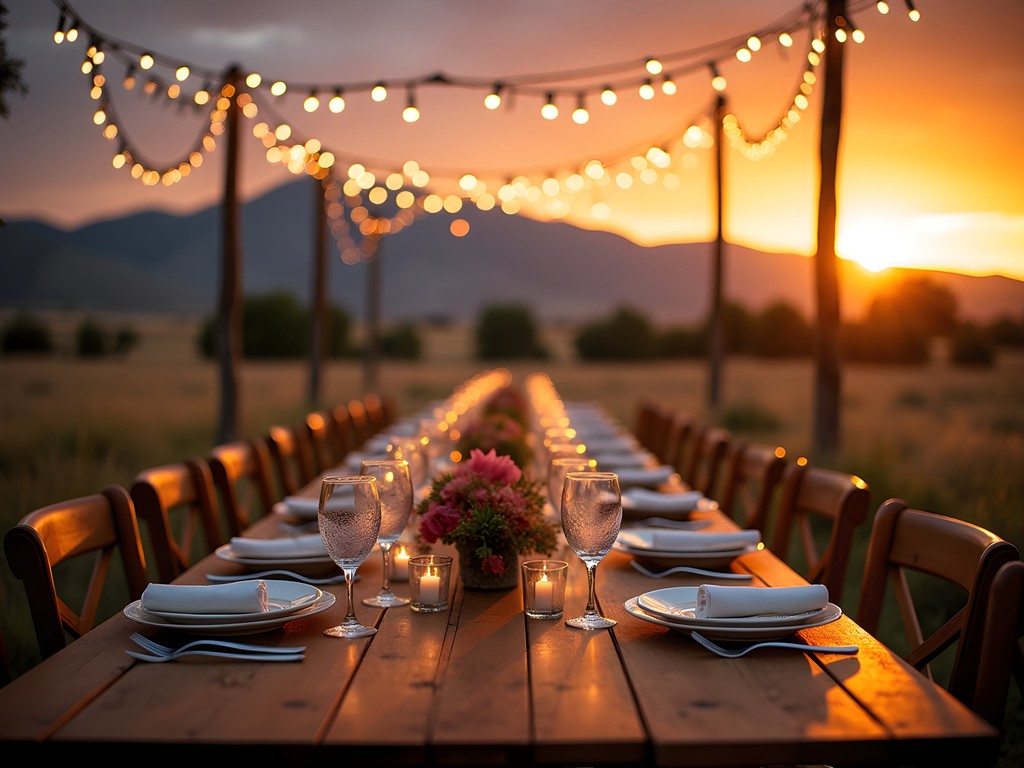 Elegant outdoor ranch dining setup with string lights and mountain views at sunset