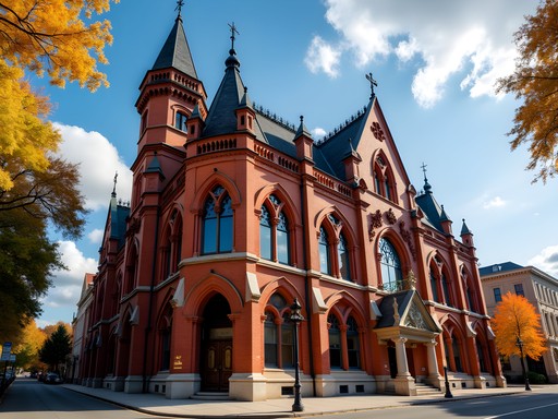 Historic Cincinnati Music Hall Victorian Gothic architecture with fall foliage