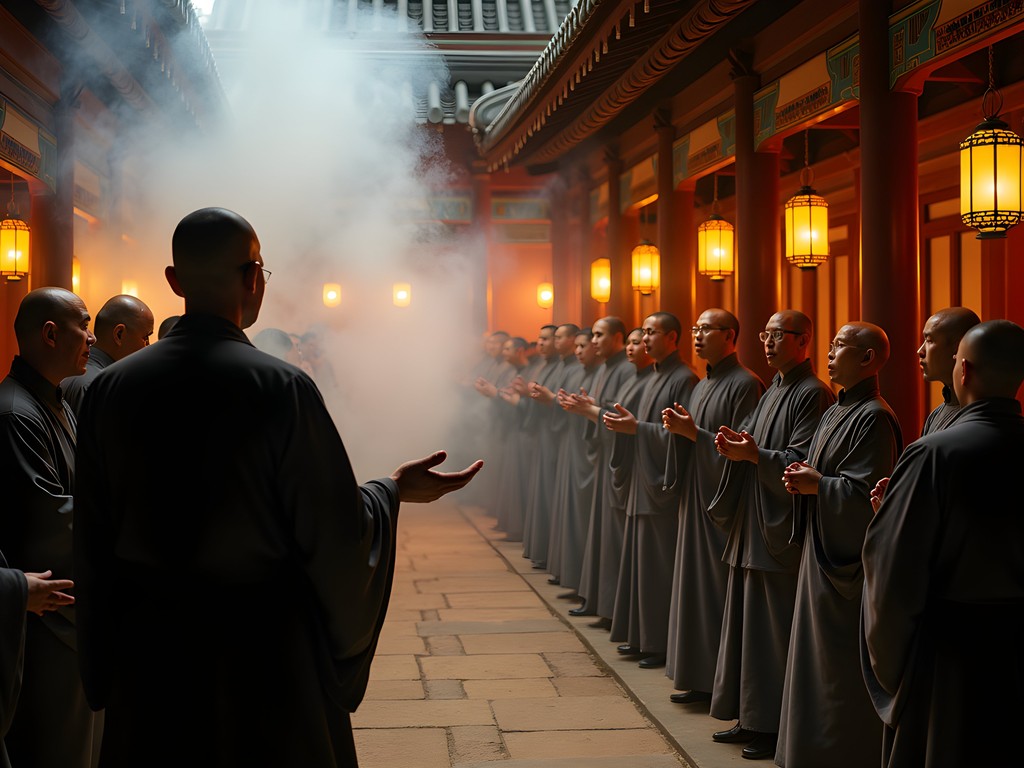 Evening chanting ceremony at Donghwasa Temple in Daegu with monks and visitors in atmospheric lighting
