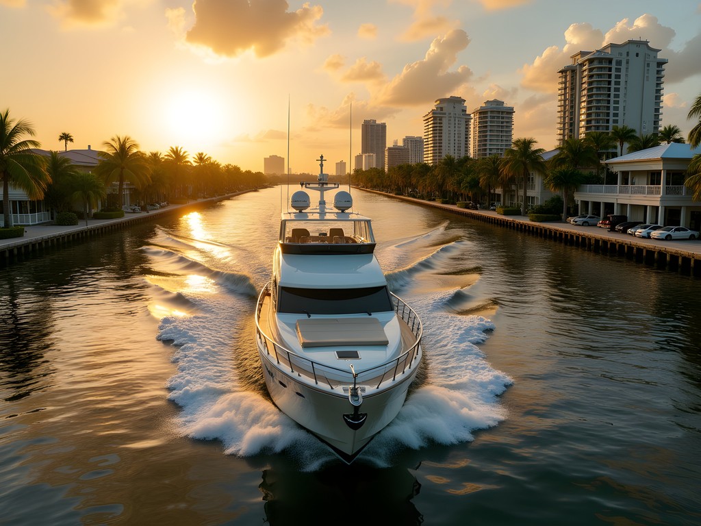Luxury yacht cruising Fort Lauderdale's waterways at sunset