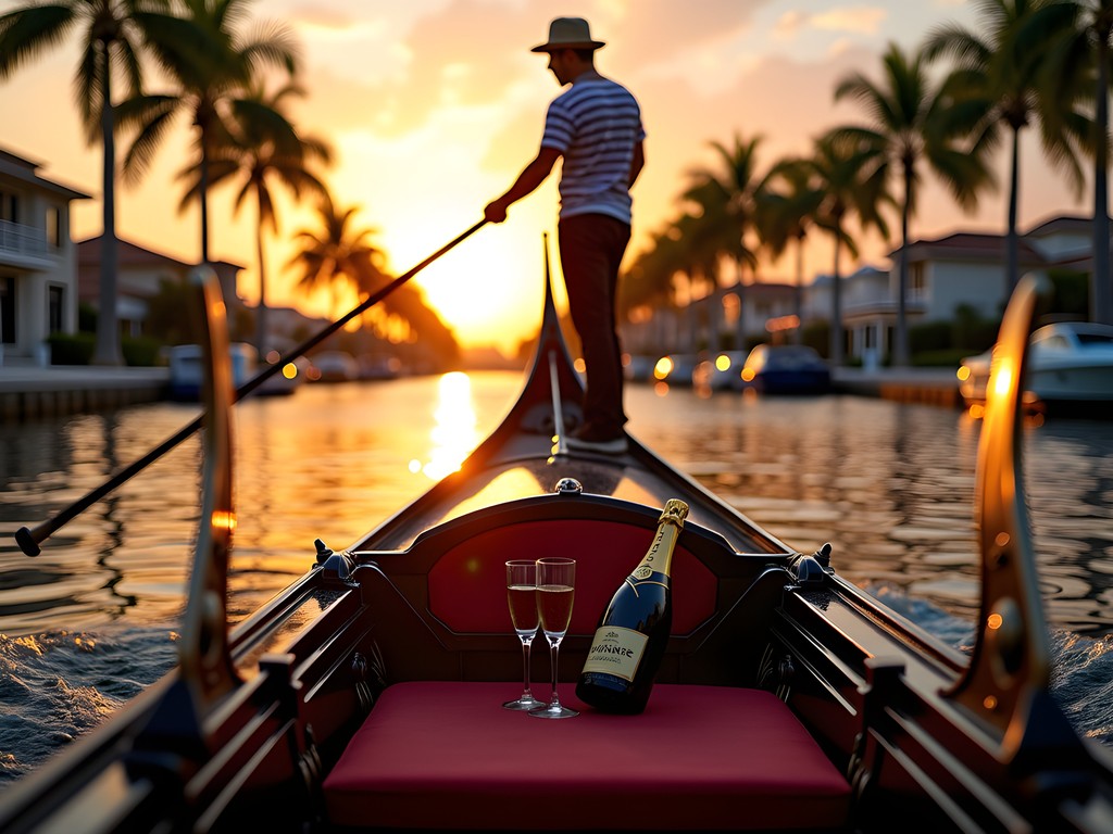 Private gondola cruise through Fort Lauderdale's canals at sunset with champagne service