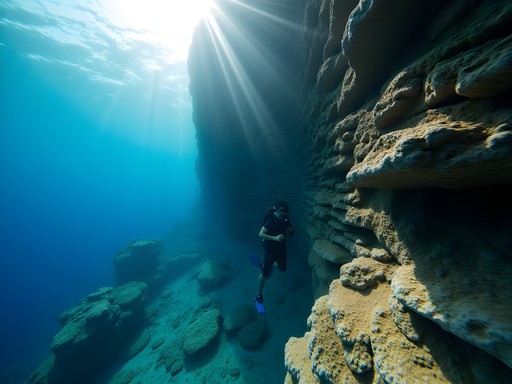 Dramatic underwater cliff formation at Cane Bay Wall with diver examining geological features
