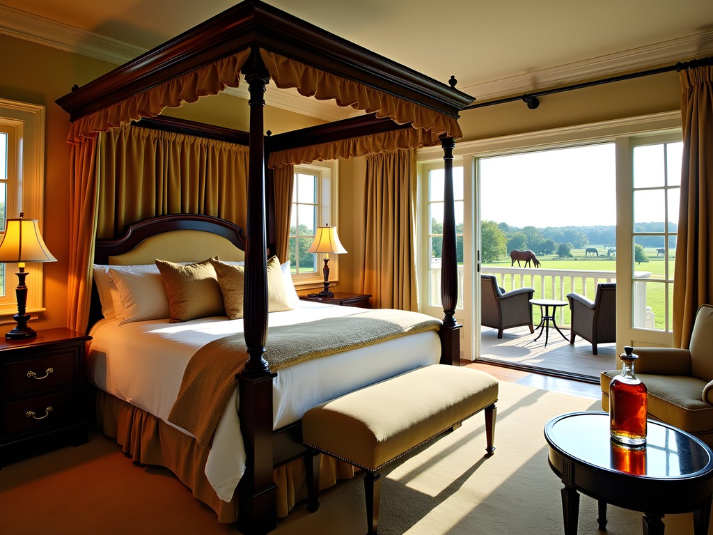 Luxury suite with four-poster bed overlooking horse pastures at The Château at Rosewood Farm in Georgetown, Kentucky