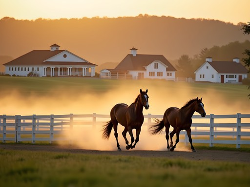 Morning thoroughbred workout at prestigious horse farm near Georgetown, Kentucky