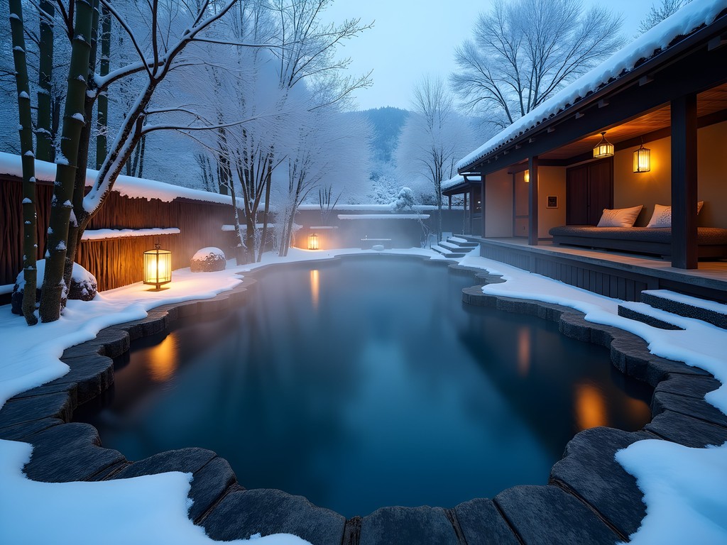 Steam rising from outdoor onsen bath surrounded by snow-covered rocks and bamboo in evening light