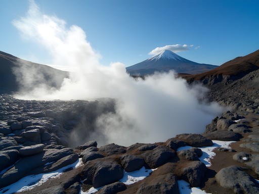 Dramatic volcanic landscape of Owakudani with steam vents and Mount Fuji in background