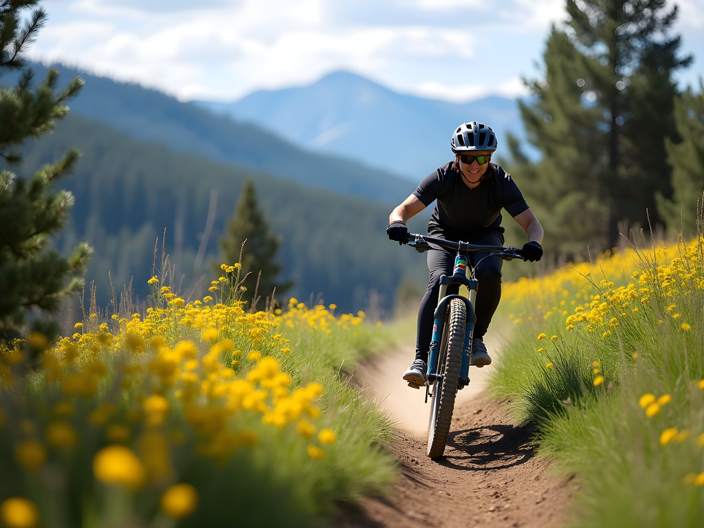 Woman mountain biking on scenic Helena singletrack trail with mountain backdrop