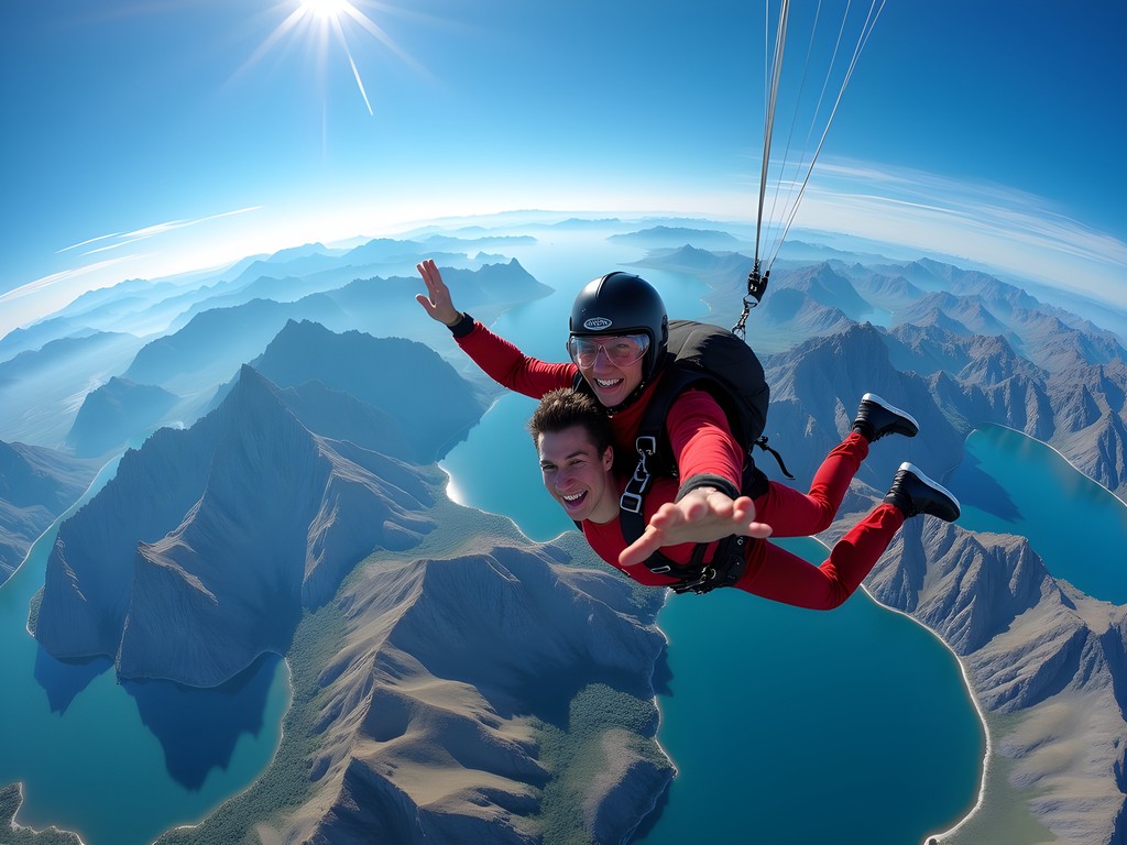 Woman skydiving over Helena Montana with mountain ranges visible below