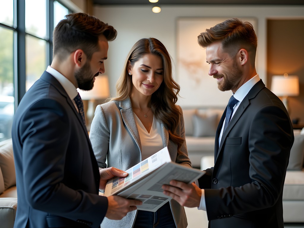 Couple consulting with furniture designer in High Point showroom
