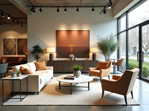 Upscale furniture showroom interior with designer pieces in High Point