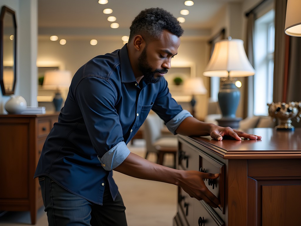 Traveler examining luxury furniture craftsmanship at High Point showroom