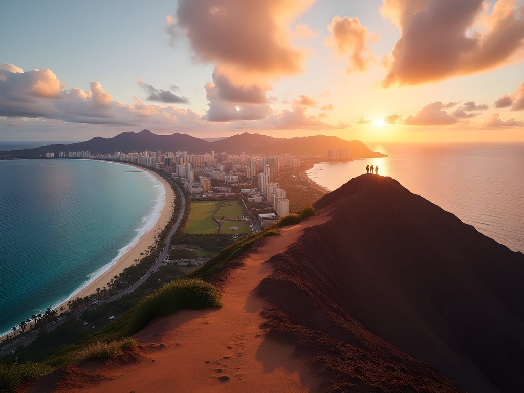 Sunrise view from Diamond Head crater summit overlooking Waikiki and Pacific Ocean