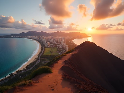 Sunrise view from Diamond Head crater summit overlooking Waikiki and Pacific Ocean