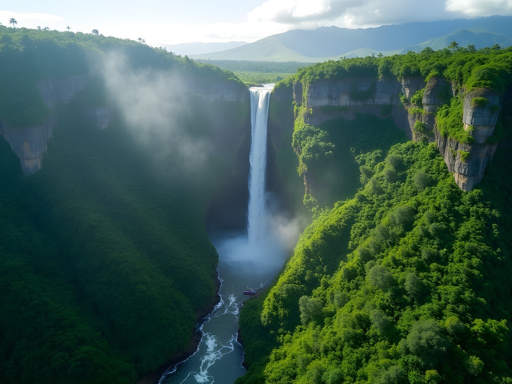 Aerial helicopter view of lush green Sacred Falls and valleys in Oahu Hawaii
