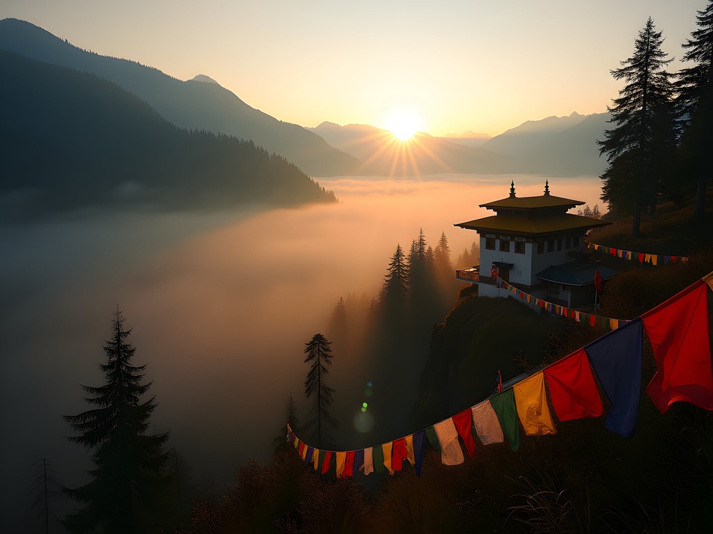 Misty sunrise over Jakar Valley with Buddhist prayer flags and monastery silhouettes