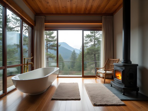 Luxury suite interior at Amankora Bumthang with panoramic forest views and traditional bukhari stove