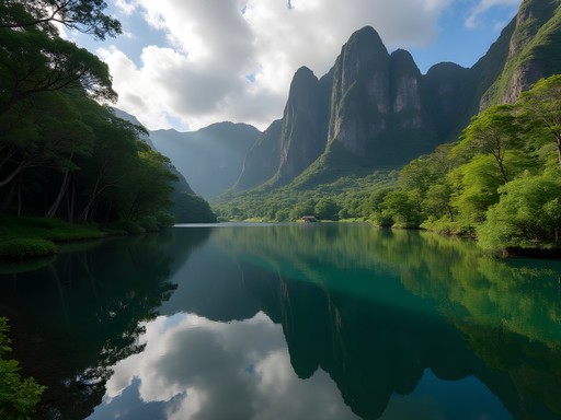 Ho'omaluhia Botanical Garden lake with Ko'olau mountain reflection in Kaneohe