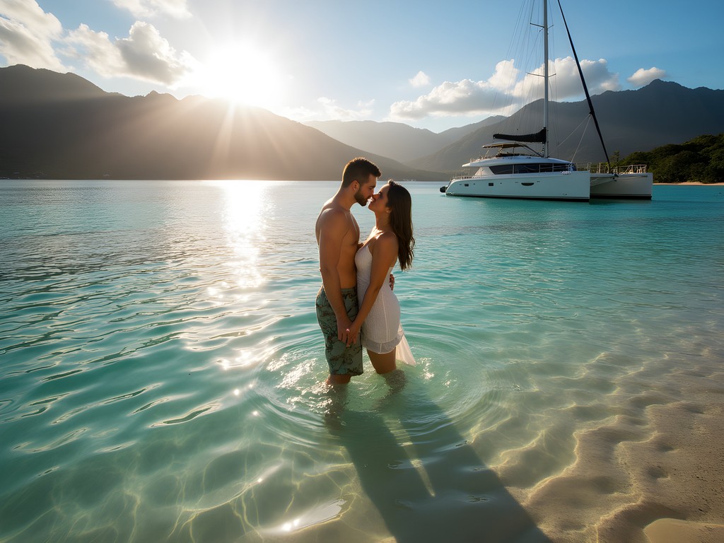 Couple enjoying private sandbar experience in Kaneohe Bay with clear turquoise water
